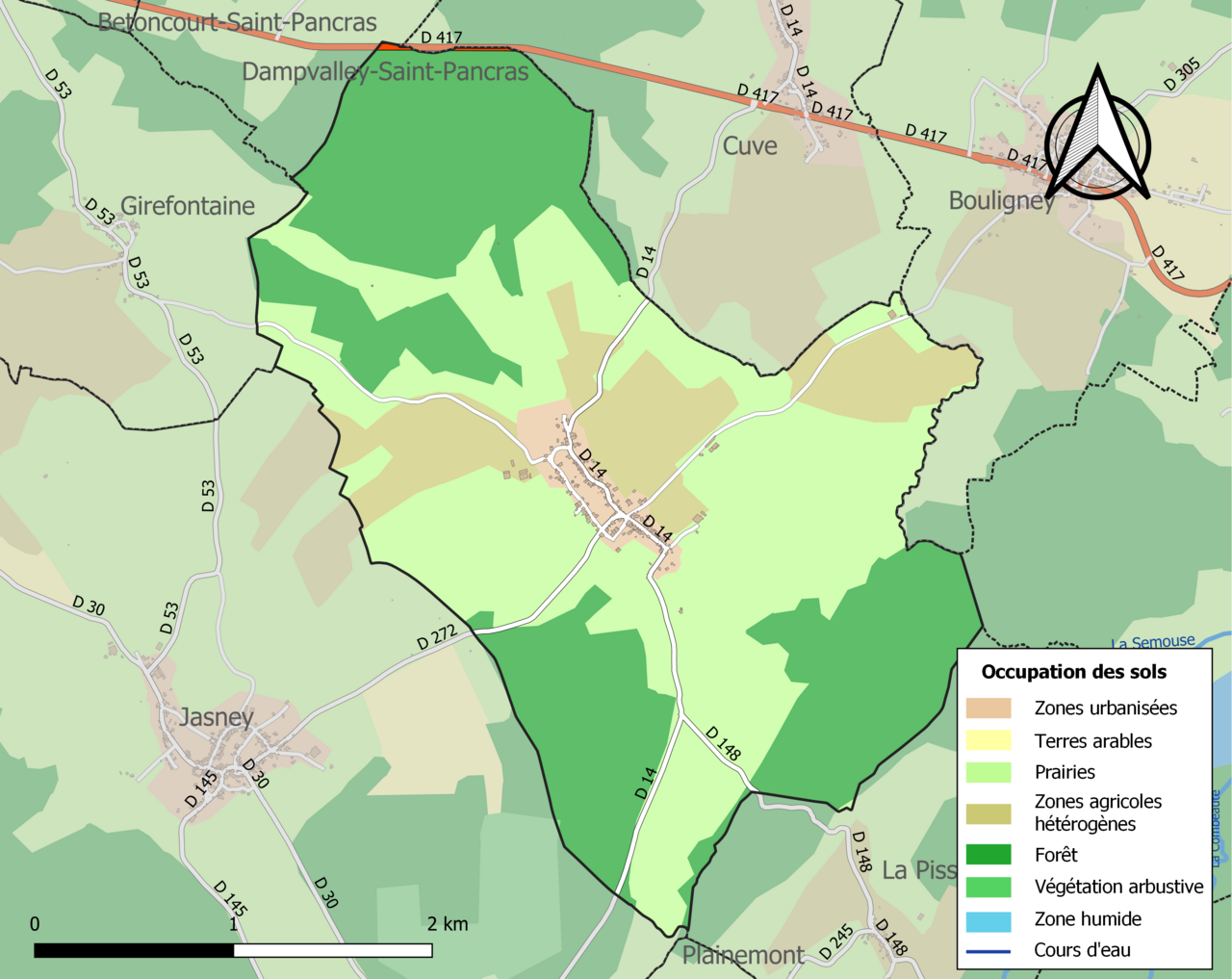 Carte des infrastructures et de l'occupation des sols de la commune en 2018 (CLC).